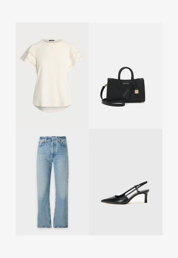 Lys kremfarget kortermet topp med blonderdetaljer på ermene, rund hals og en svakt buet søm for en avslappet passform. Myk stofftekstur.; Lyseblå jeans laget av denim med rett ben-design, høy midje, beltedelser og klassisk fem-lomme stil. Subtil fading på stoffet.; Sorte patent slingback hæl med spids tå, featuring tekstureret slangeskind, justerbar rem og en kort, tekstureret blokhæl.; Svart lær veske med en strukturert design, topphåndtak og et avtakbart skulderrem. Har gullfarget hardware og et logoanheng.