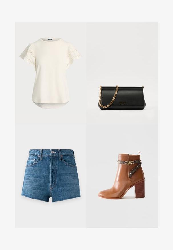 Light cream short-sleeve top with lace detail on sleeves, round neckline, and a slightly curved hem for a relaxed fit. Soft fabric texture.; Blue denim high-waist shorts with front button, belt loops, five-pocket design, and raw-cut hem detailing on a plain background.; Brown leather ankle boot with stacked block heel, side strap featuring gold studs and a gold "MK" logo buckle.; Black leather clutch bag with a gold chain strap, featuring a smooth texture, rectangular shape, and embossed branding on the front.