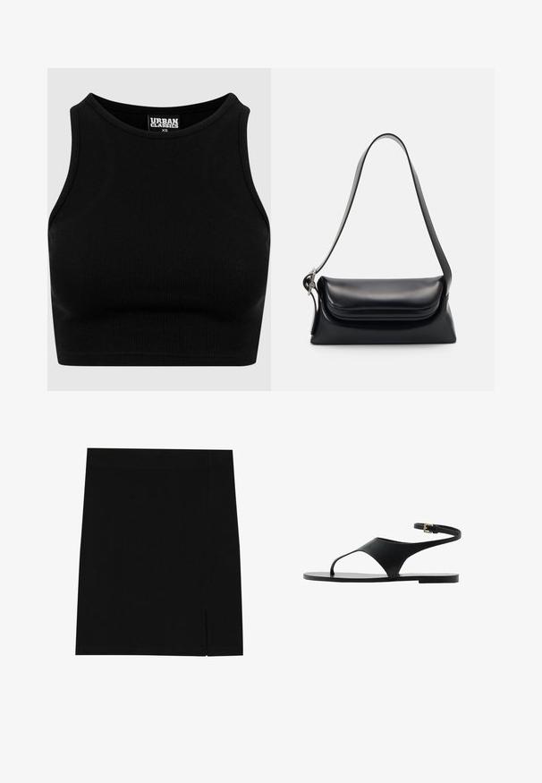 Top cropt de culoare neagră, cu textură rib-altă, guler rotund și fără mâneci. Fabricat dintr-un material elastic, texturat. Eticheta indică "Urban Classics."; Fustă mini neagră, confecționată dintr-un material moale, cu un design strâns, având o mică deschidere pe o parte pentru un detaliu suplimentar.; Sandale negre plate cu un design minimalist, având o singură curea și cataramă la gleznă. Fabricate dintr-un material neted, cu o talpă plată.; Geantă de mână din piele neagră cu o formă structurată, o textură netedă și o singură curea de umăr. Are un design subtil cu clapetă rotunjită.