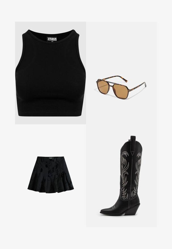 Must mustriba lõikega lühike must topp, ümmarguse kaelusega ja ilma varrukateta. Valmistatud venivast, tekstuuriga kangast. Etikett ütleb "Urban Classics."; Mustmustelge, millel on lilleline muster, valmistatud tekstuurilisest kangast. Omab vöökohta ja peidetud luku sulgemist.; Mustad mustad nahast cowboy saapad terava ninaga, vööndkanna ja hõbedaste tikanditega lillemustritega varred. Kontrastõmblused üle kogu.; Pruunide toonidega prillid, millel on kilpkonnakuju raam, ristkülikukujulised läätsed ja kitsad käepidemed, millel on oranž aktsentmuster.