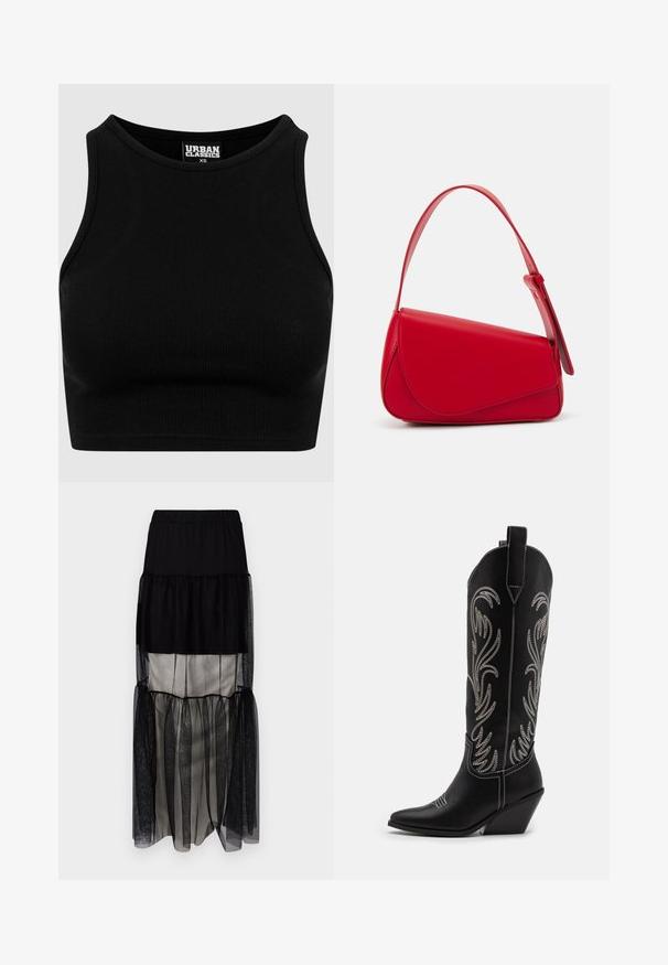 Top court côtelé noir avec un col rond et sans manches. Fabriqué en tissu extensible et texturé. Étiquette mentionne "Urban Classics."; Jupe maxi noire à plusieurs couches avec une taille élastique, dotée de panneaux en tulle transparent, d'une doublure en satin contrastante et d'une silhouette fluide.; Bottes de cowboy noires en cuir avec des pointes effilées, des talons compensés et des motifs floraux brodés en argent le long du tige. Couture contrastante sur l'ensemble.; Sac à main en cuir rouge avec un design angulaire et géométrique. Il dispose d'une seule sangle ajustable et d'une fermeture à rabat avec un detailing cousu.