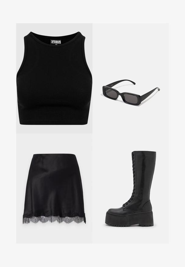 Top court côtelé noir avec un col rond et sans manches. Fabriqué en tissu extensible et texturé. Étiquette mentionne "Urban Classics."; FROM FUTURE SAMMY - Jupe crayon - noir; Zign LEATHER - Bottes à lacets - black; Lunettes de soleil noires rectangulaires avec des verres foncés, finition brillante, larges branches et un design de monture épaisse. Nom de marque gravé sur une branche.