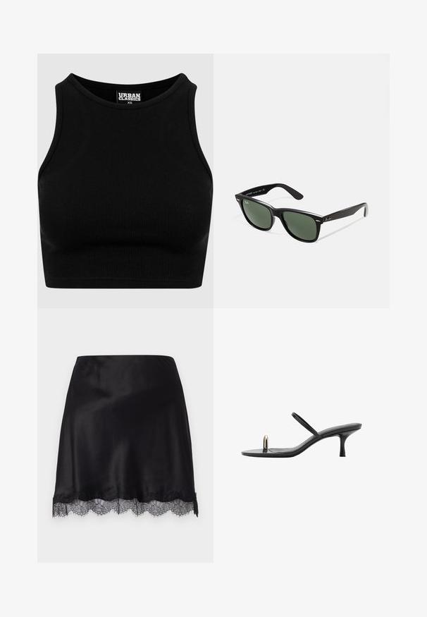 Črni rebrasti kratki top z okroglim izrezom in brezrokavnim dizajnom. Narejen iz raztegljive, teksturirane tkanine. Etiketa nosi napis "Urban Classics."; FROM FUTURE SAMMY - Ozko oprijeto krilo - noir; Črne sandale na peto s sleek dizajnom, ki imajo tanke trakove in edinstven sprednji poudarek. Gladka tekstura z koničastim prstom in 7,5 cm peto.; Črne plastične sončna očala z zelenimi lečami, kvadratni okvirji, srebrni detajl na obrvi in teksturirani ročaji. Blagovna znamka navedena na notranji strani ročaja.; Črna tkanina torba z dvema ročajema in odstranljivim naramnikom. Ima odprt vrh in teksturiran, lahek material.