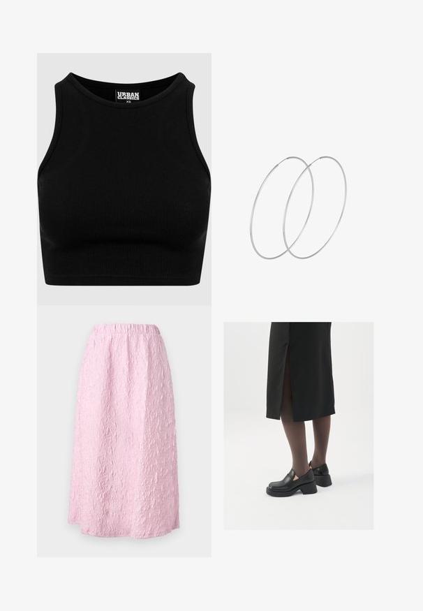 Čierny rebrovaný kratší top s okrúhlym výstrihom a bezrukávovým dizajnom. Vyrobený z pružnej textúrovanej látky. Na etikete je napísané "Urban Classics."; Svetloružová sukňa po kolená s textúrovaným, vrásčitým dizajnom. Elastický pás pre pohodlie a jednoduché nosenie. Bez viditeľného zapínania.; Čierne kožené topánky s okrúhlou špičkou, silným blokovým opätkom a elastickými bočnými akcentmi, skombinované s tmavými pančuchami a čiernou sukňou so štiepením.; Strieborné kruhové náušnice s minimalistickým dizajnom. Cirkulárny tvar, hladký povrch a tenký profil. Ľahké s lesklým povrchom.