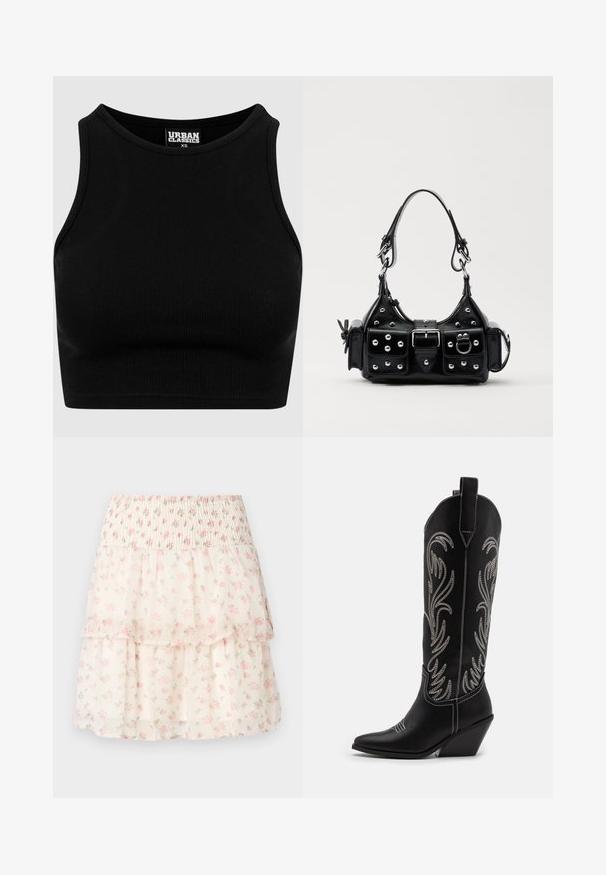 Top cropt de culoare neagră, cu textură rib-altă, guler rotund și fără mâneci. Fabricat dintr-un material elastic, texturat. Eticheta indică "Urban Classics."; Fustă florală în straturi, confecționată dintr-un material ușor. Dispune de un tiv elastic, flori roz și un fundal crem, cu o textură moale și transparentă.; Bocanci de cowboy din piele neagră, cu vârfuri ascuțite, toc wedge și modele florale brodate cu fir argintiu de-a lungul tijei. Cusături în contrast pe întreaga suprafață.; Geantă de piele neagră cu un design curbat, dotată cu studuri argintii, o cataramă și două buzunare laterale. Curea ajustabilă pentru opțiuni de transport.