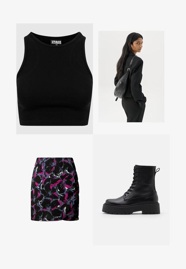Crni rebrasti skraćeni top s okruglim izrezom i bez rukava. Izrađen od rastezljivog, teksturiranog materijala. Oznaka glasi "Urban Classics".; Crna suknja s cvjetnim uzorkom u ljubičastoj, plavoj i bijeloj boji. Dizajn uključuje nabranost na boku i oznaku na rubu.; Crne kožne gležnjače s okruglim vrhom, vezanjem sprijeda i debelim gumenim potplatom s teksturiranim uzorkom. Tipa: traka za vuču na stražnjoj strani.; Žena s dugom tamnom kosom koja nosi crno odijelo, drži crnu kožnu torbu preko ramena i gleda unazad na bijeloj pozadini.; Srebrne okrugle naušnice s minimalističkim dizajnom. Kružni oblik, glatka tekstura i tanak profil. Lagane s poliranim završetkom.