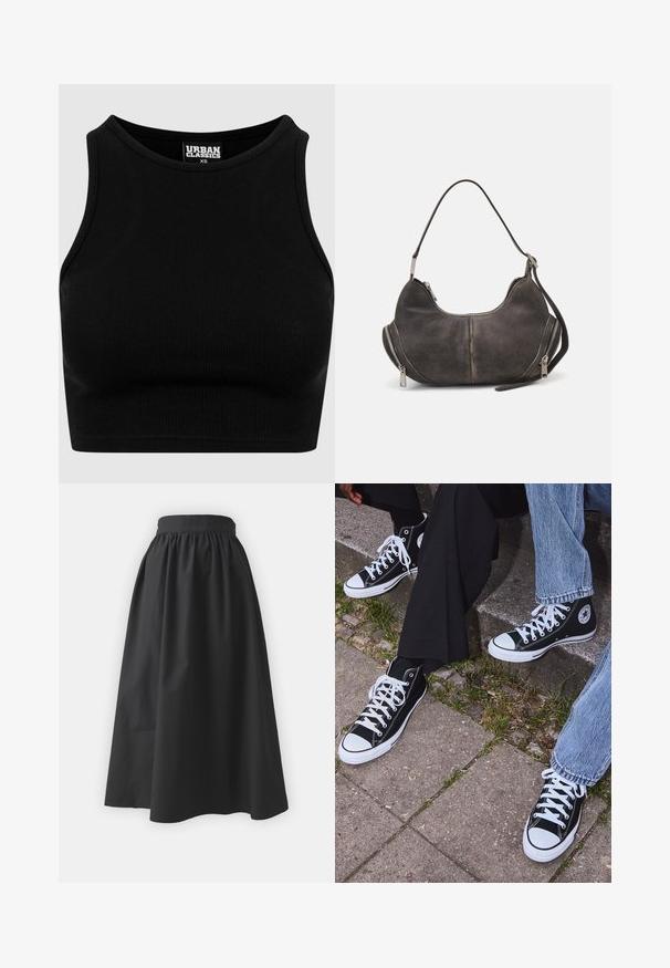 Fekete bordázott fazonú crop top, kerek nyakkivágással és ujjatlan kialakítással. Rugalmas, strukturált anyagból készült. A címke szerint "Urban Classics."; Fekete, boka hosszúságú szoknya sima anyagból. Rugalmas derékkal rendelkezik, és laza, redőzött sziluettje van, drapériás textúrával.; Fekete magas szárú vászon sportcipők fehér gumi talppal és fűzőkkel, az oldalukon kör alakú logóval, farmernadrággal és fekete nadrággal párosítva.; Sötét szürke velúr hobo táska ívelt formával, felső fogantyúval és oldalsó cipzárakkal, fém húzókkal. Simább textúra és látható varrási részletek.; Ezüst Casio kvarcóra téglalap alakú számlappal, analóg és digitális kijelzőkkel, rozsdamentes acél karkötővel és vízálló tulajdonságokkal.