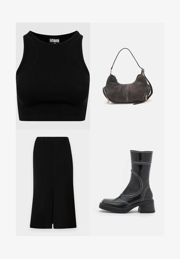 Fekete bordázott fazonú crop top, kerek nyakkivágással és ujjatlan kialakítással. Rugalmas, strukturált anyagból készült. A címke szerint "Urban Classics."; Fekete, térd fölé érő szoknya egyenes vonalvezetésű fazonnal, elöl hasítékkal, sima textúrával és szabott derékkal.; Fekete lakkbőr bokacsizma fehér varrással, kerek orral és blokk sarkal. Görbült formai vonalakkal és sima textúrával rendelkezik.; Sötét szürke velúr hobo táska ívelt formával, felső fogantyúval és oldalsó cipzárakkal, fém húzókkal. Simább textúra és látható varrási részletek.