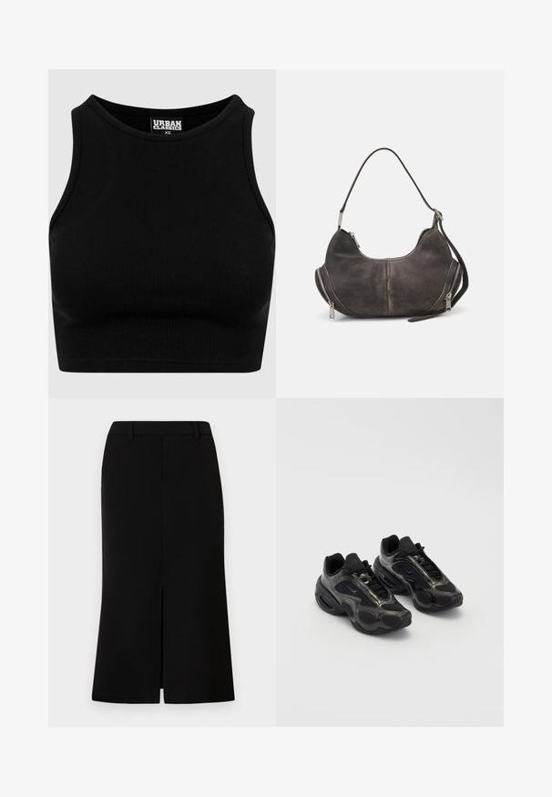Černý žebrovaný cropped top s kulatým výstřihem a bez rukávů. Vyroben z pružné, texturované látky. Etiketa nese nápis "Urban Classics."; Černá sukně ke kolenům se přímou siluetou, s předním rozparkem, hladkou texturou a střiženým pasem.; Černé sportovní boty z syntetického materiálu, s měkkými akcenty a kulatými podrážkami. Obsahují šněrovací systém a výrazné logo Nike na jazyku.; Hobo taška v tmavě šedé semišové úpravě, zakřiveného tvaru, s horním uchopovacím držadlem a bočními zipy s kovovými úchyty. Hladká textura a viditelné švy.; Stříbrné kvartzové hodinky Casio s obdélníkovým ciferníkem, analogovým a digitálním zobrazením, nerezovým páskem a voděodolnými vlastnostmi.