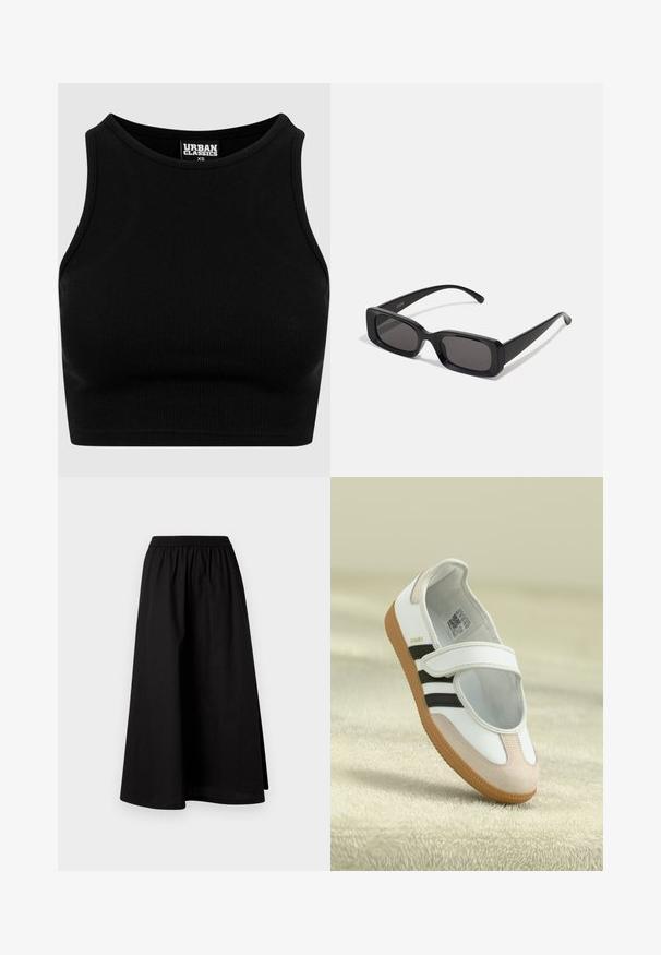 Schwarzes geripptes Cropped-Top mit rundem Ausschnitt und ärmellosem Design. Hergestellt aus einem dehnbaren, strukturierten Stoff. Etikett mit der Aufschrift "Urban Classics."; Schwarzer, knielanger Rock aus leichtem Material mit elastischem Bund und entspannter, A-Linien-Silhouette. Hat keine sichtbaren Muster.; Weiße Schuhe mit einer pinken Wildleder-Zehe, schwarzen Streifen und einem Klettverschluss. Sie verfügen über eine tanfarbene Gummisohle und ein Logo an der Seite.; Schwarze rechteckige Sonnenbrille mit dunklen Gläsern, glänzender Oberfläche, breiten Bügeln und einem klobigen Rahmen-Design. Gravierter Markenname auf einem Bügel.
