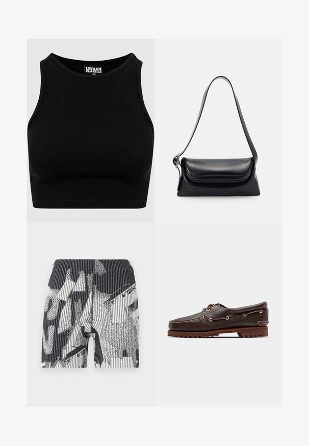 Top cropt de culoare neagră, cu textură rib-altă, guler rotund și fără mâneci. Fabricat dintr-un material elastic, texturat. Eticheta indică "Urban Classics."; Pantaloni scurți cu un model alb-negru și o textură canelată. Designul conține forme abstracte și dungi. Talie elastică pentru o potrivire strânsă.; Șlapi de punt pe culoare maro din piele, cu ochiuri aurii, șireturi rotunde și o talpă texturată din cauciuc maro. Prezintă detalii cusute și un logo ridicat.; Geantă de mână din piele neagră cu o formă structurată, o textură netedă și o singură curea de umăr. Are un design subtil cu clapetă rotunjită.