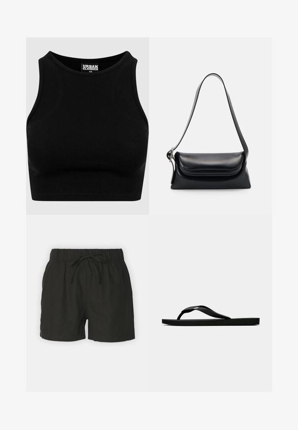 Top corto negro de canalé con escote redondo y diseño sin mangas. Confeccionado con una tela elástica y texturizada. La etiqueta dice "Urban Classics."; Pantalones cortos de lino negros con una cinturilla elástica y cordón ajustable. Presentan un diseño sencillo y una textura transpirable.; Chancla de goma negra con una tira de dedo texturizada y una suela plana sencilla, vista de lado sobre un fondo claro y liso.; Bolso de piel negra con una forma estructurada, una textura suave y una sola correa para el hombro. Presenta un diseño de tapa sutil y redondeado.