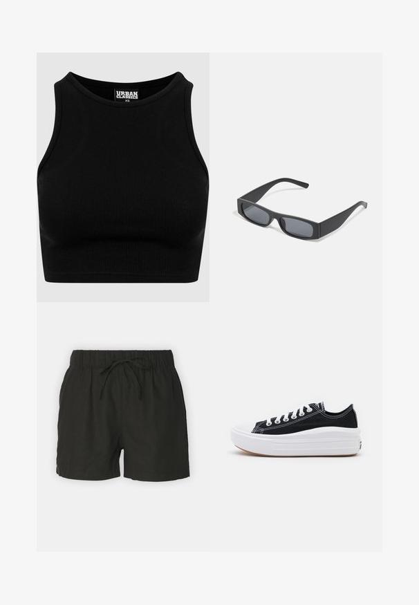 Čierny rebrovaný kratší top s okrúhlym výstrihom a bezrukávovým dizajnom. Vyrobený z pružnej textúrovanej látky. Na etikete je napísané "Urban Classics."; Čierne ľanové šortky s elastickým pásom a nastaviteľnou šnúrkou na zaviazanie. Majú jednoduchosť dizajnu a priedušnú štruktúru.; Čierne plátenné tenisky s bielymi šnúrkami, bielym gumovým špičkovým krytom a robustnou bielou medzipodrážkou. Obsahujú jemné biele švy a gumenú podrážku.; Čierne obdĺžnikové slnečné okuliare s tmavými sklami a hrubými matnými rámami. Ramena sú mierne zúžené s hladkým povrchom.