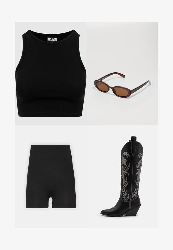 Crni rebrasti skraćeni top s okruglim izrezom i bez rukava. Izrađen od rastezljivog, teksturiranog materijala. Oznaka glasi "Urban Classics".; Crne rebraste biciklističke kratke hlače s visokim strukom i mekanom teksturom, s glatkim završetkom i bez vidljivih šavova.; Crne kožne kauboj čizme s šiljastim prstima, klinastim potpeticama i srebrnim izvezenim cvjetnim uzorcima duž osovine. Kontrastni šavovi posvuda.; Okvir okruglih, smeđkastih sunčanih naočala s sjajnim burgundskim okvirom. Uski nositelji s suptilnim brendiranjem. Ravna leća.
