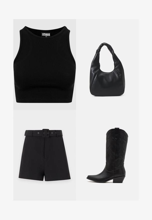 Černý žebrovaný cropped top s kulatým výstřihem a bez rukávů. Vyroben z pružné, texturované látky. Etiketa nese nápis "Urban Classics."; Černé šortky vyrobené z hladkého materiálu, s širokým pasem a poutek na opasek, navržené s čtvercovou sponou a s upraveným střihem.; Černá kožená cowboyská bota s špičatou špičkou, nízkým hromadným podpatkem a složitým embosovaným listovým vzorem na holeni. Očko nahoře pro snadné obouvání.; Černá kabelka typu hobo vyrobená z hladkého materiálu podobného kůži se zkroucenou rukojetí, která má měkký, zaoblený tvar a horní zipové uzavření.