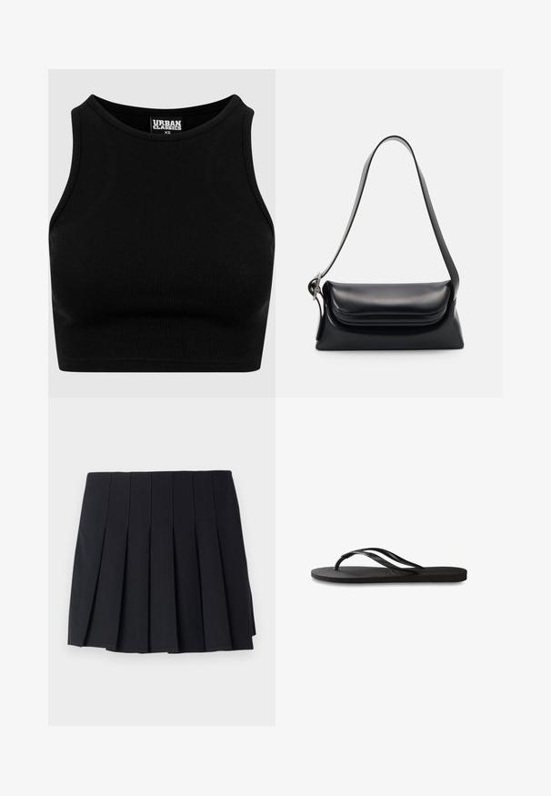 Top court côtelé noir avec un col rond et sans manches. Fabriqué en tissu extensible et texturé. Étiquette mentionne "Urban Classics."; Jupe plissée noire en tissu doux. Présente des coutures verticales et une taille élastique pour le confort. Longueur mi-cuisse, design minimaliste.; Tongs noires avec une semelle en caoutchouc texturée, deux fines lanières et un détail de logo embossé subtil sur la lanière.; Sac à main en cuir noir avec une forme structurée, une texture lisse et une seule bandoulière. Présente un design de rabat arrondi et subtil.