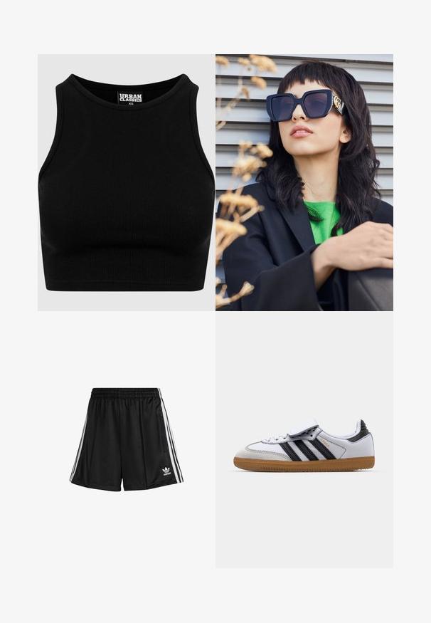 Juodas gumbuotis supjaustytas viršus su apvaliu iškirpimu ir be rankovių dizainu. Pagamintas iš tamprios, tekstūruotos medžiagos. Etikėtė sako "Urban Classics".; Juodos sportinės šortai su elastingu juosmeniu, turintys baltas šonines juostas ir užtrauktuką dešinėje pusėje. "Adidas" logotipas apatinėje kairėje pusėje.; Balti odiniai sportbačiai su juodomis juostelėmis ir pilkais akcentais, suapvalinta nosimi ir guminėmis išorinėmis dalimis. Velcro užsegimas ir raištelių užsegimas.; Per didelės juodos akiniai nuo saulės su storesniu rėmeliu ir auksiniais akcentais, dėvimi su juodu švarku ir ryškiai žalia marškiniais, prieš horizontalią fono liniją.