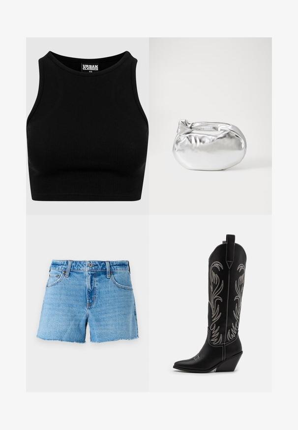 Top court côtelé noir avec un col rond et sans manches. Fabriqué en tissu extensible et texturé. Étiquette mentionne "Urban Classics."; Shorts en denim bleu clair, avec un ourlet brut, un design à cinq poches et une fermeture à bouton en laiton. Texture lisse avec un léger effet délavé.; Bottes de cowboy noires en cuir avec des pointes effilées, des talons compensés et des motifs floraux brodés en argent le long du tige. Couture contrastante sur l'ensemble.; Pochette en métal argenté avec une forme douce et arrondie et un fermoir en haut noué. Fabriquée en simili cuir lisse.