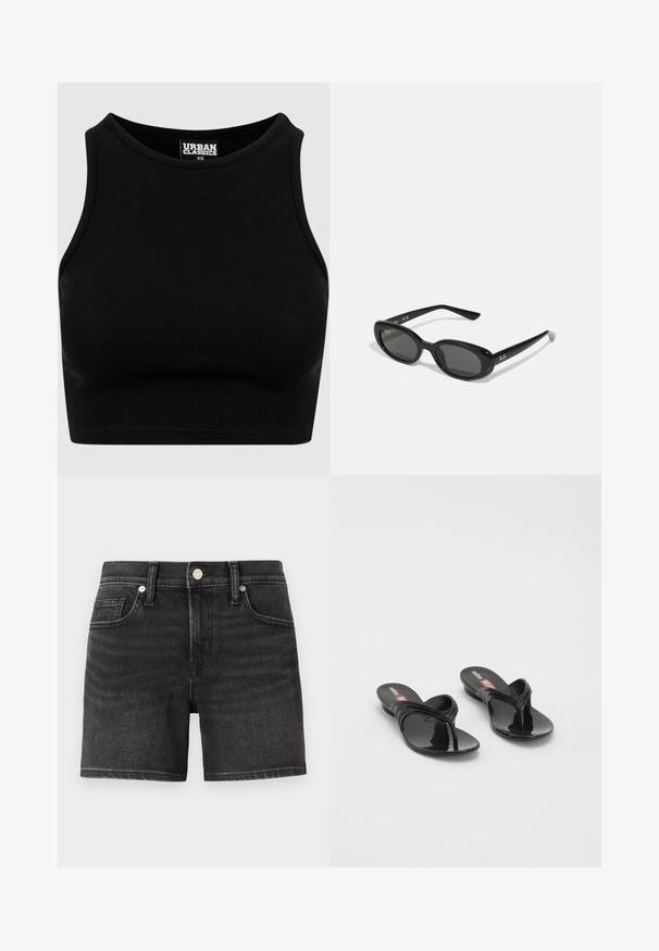 Melnas ribētas īsās blūzes ar apaļu kakla izgriezumu un bez piedurknēm. Izgatavota no elastīga, teksturēta auduma. Uz birkas rakstīts "Urban Classics."; Melnas džinsu šorti ar klasisko piecu kabatu dizainu, kas aprīkoti ar priekšējo pogu aizdari un nelielu izbalēšanu tekstūras efektam.; Melissa MELISSA QUANTUM THONG X DIESEL - T veida siksniņu sandales - black; Melnas saulesbrilles ar ovālām lēcām, spīdīga plastmasas kārba un tievām kājām. Sānos ir redzams Ray-Ban logo baltā krāsā.; Tumši zaļš zamša soma ar izliekta dizaina, ar platajām, mīkstajām rokturiem un gludu tekstūru. Minimālistiska konstrukcija bez redzamiem metāla elementiem.; Melnas sveķu aproces ar gludu, spīdīgu virsmu un noapaļotiem malām. Iekšpusē ir neliels zelta "Pilgrim" logo.