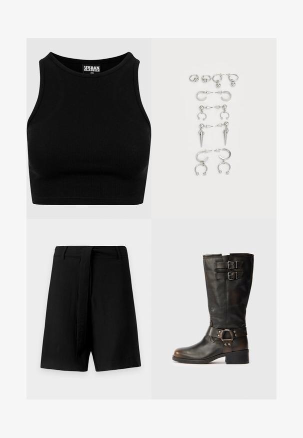 Fekete bordázott fazonú crop top, kerek nyakkivágással és ujjatlan kialakítással. Rugalmas, strukturált anyagból készült. A címke szerint "Urban Classics."; Fekete len sort magas derékkal, szövet derékpánttal és oldalsó zsebekkel, sima textúrával és laza fazonnal.; Fekete bőr, félvádli magasságú csizma két csattal a tetején és egy fémgyűrűs részletű pánttal a bokán, fehér háttér előtt.; Ezüst fülbevalók készlete, különböző dizájnokkal: karikák, bedugós fülbevalók és lógó stílusok, golyós díszítésekkel és hegyes elemekkel.