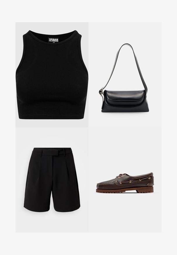 Čierny rebrovaný kratší top s okrúhlym výstrihom a bezrukávovým dizajnom. Vyrobený z pružnej textúrovanej látky. Na etikete je napísané "Urban Classics."; Čierne strihané šortky, vyrobené z hladkej tkaniny, s vysokým pásom, záhybmi, pútkami na opasok a bočnými vreckami, s čistým a prestrihnutým dizajnom.; Hnedé kožené loďkové topánky so zlatými očkami, okrúhlymi šnúrkami a štruktúrovanou hnedou gumovou podrážkou. Obsahuje prešívané detaily a vyvýšené logo.; Čierna kožená kabelka so štruktúrovaným tvarom, hladkou textúrou a jedným ramenným popruhom. Obsahuje jemný, zaoblený dizajn klapky.