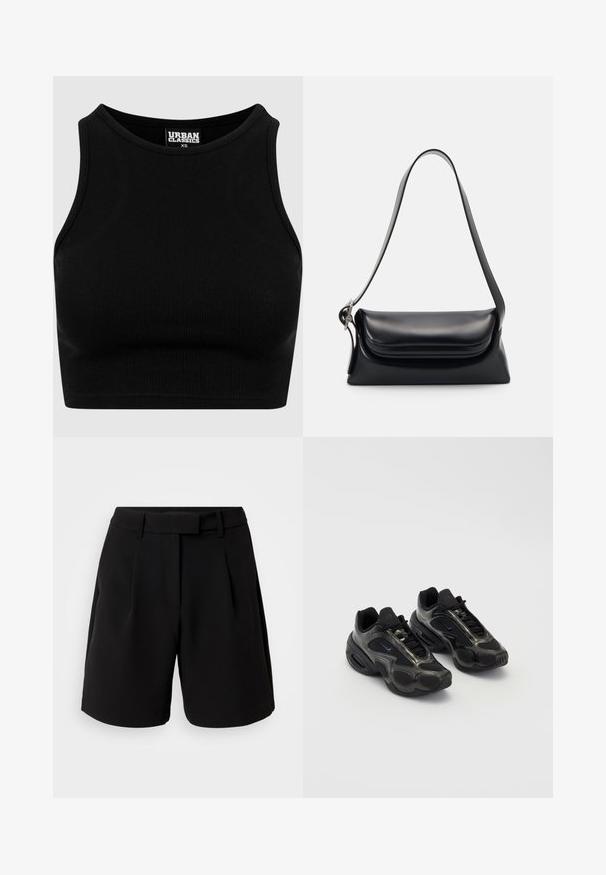 Top corto nero a coste con scollo rotondo e design senza maniche. Realizzato in un tessuto elastico e testurizzato. Etichetta con la scritta "Urban Classics."; Shorts neri su misura, realizzati in tessuto liscio, caratterizzati da una vita alta, pieghe, passanti per cintura e tasche laterali, con un design pulito.; Scarpe sportive nere in materiale sintetico, con dettagli in mesh e suole arrotondate. Presentano un sistema di allacciatura e un logo Nike ben visibile sulla linguetta.; Borsa a tracolla nera in pelle con una forma strutturata, una texture liscia e una singola tracolla. Presenta un design a patta arrotondata e discreta.; Orologio Casio al quarzo argento con quadrante rettangolare, display analogico e digitale, bracciale in acciaio inossidabile e caratteristiche di resistenza all'acqua.