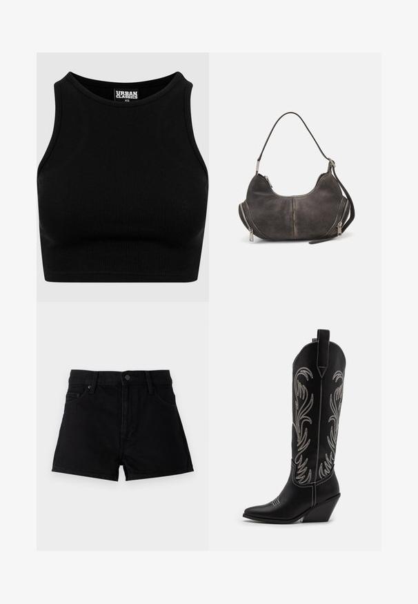 Black ribbed cropped top with a round neckline and sleeveless design. Made from a stretchy, textured fabric. Label reads "Urban Classics."; Black denim shorts featuring a high waist, five-pocket design, button closure, and a clean finish without embellishments.; Black leather cowboy boots with pointed toes, wedge heels, and silver embroidered floral patterns along the shaft. Contrast stitching throughout.; Hobo bag in dark gray suede with curved shape, top handle, and side zippers with metal pulls. Smooth texture and visible stitching details.