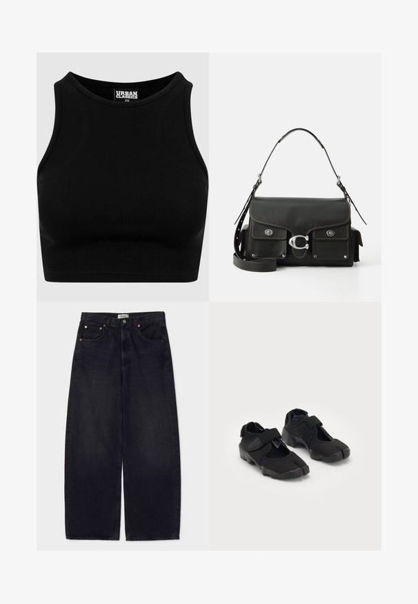 Must mustriba lõikega lühike must topp, ümmarguse kaelusega ja ilma varrukateta. Valmistatud venivast, tekstuuriga kangast. Etikett ütleb "Urban Classics."; Laiad mustad denimi teksad hõbedaste nuppudega, kahe esikoti ja sileda tekstuuriga. Puhtas disainis on sirge lõige.; Mustad mustad veega tehtud mustad veeketsid, millel on paindlik kangas, Velcro rihm ning ainulaadne jagatud sõrmikute disain ja tekstureeritud kummist tald, mis tagab haarduvuse.; Mustas nahast käekott klappkinnitusega, hõbedane riistvara, kaks esist pocketit, kontrastne õmblus ja eemaldatav õlavarre rihm.; Hõbedane Casio kvarts kell, millel on ristkülikuline nägu, analoog- ja digitablood, roostevabast terasest rihm ning veekindlad omadused.