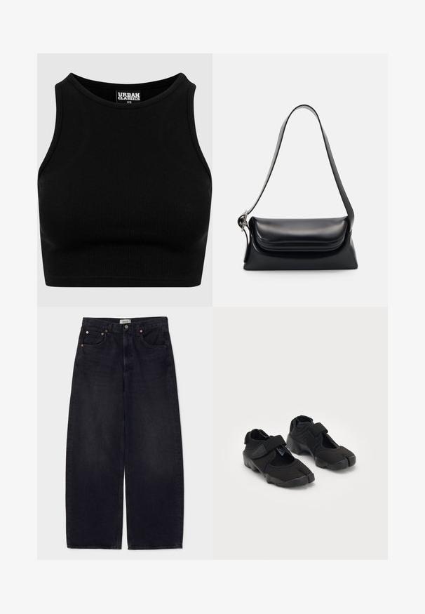 Zwarte geribbelde cropped top met een ronde hals en mouwloos ontwerp. Gemaakt van een rekbare, textuurrijke stof. Label zegt "Urban Classics."; Wijduitlopende zwarte spijkerbroek van denim met koperen knopen, twee voorke pockets en een gladde textuur. Eenvoudig ontwerp met een rechte snit.; Zwarte waterschoenen gemaakt van flexibel materiaal met een klittenbandsluiting, met een unieke gesplitste te ontwerpen en een rubberen zool met textuur voor grip.; Zwarte leren handtas met een gestructureerde vorm, een gladde textuur en een enkele schouderband. Heeft een subtiele, afgeronde klepontwerp.; Zilverkleurige Casio kwarts horloge met rechthoekige wijzerplaat, analoge en digitale displays, roestvrijstalen band en waterbestendige eigenschappen.