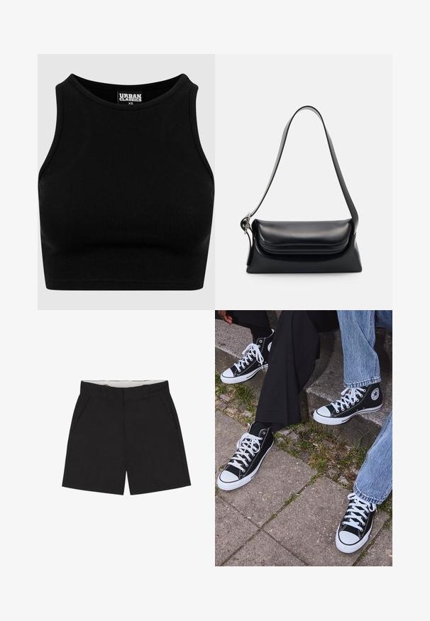 Černý žebrovaný cropped top s kulatým výstřihem a bez rukávů. Vyroben z pružné, texturované látky. Etiketa nese nápis "Urban Classics."; Černé šortky s plochým předním dílem, bočními kapsami a pasem. Tkanina má hladkou texturu a je lehká, vhodná pro volnočasové nošení.; Černé kanvasové tenisky s vysokým střihem, bílé gumové podrážky a tkaničky, s kulatým logem na boku a spárované s džíny a černými kalhotami.; Černá kožená kabelka se strukturovaným tvarem, hladkým povrchem a jedním ramenním popruhem. Obsahuje jemně zaoblený design klopy.
