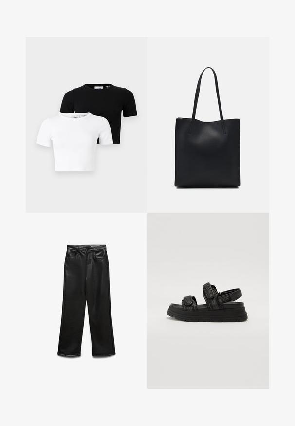 Kaksi lyhythihaista lyhyttä T-paitaa mustana ja valkoisena, valmistettu ribbikangasta, jossa on pyöreä pääntie ja istuva muotoilu.; Mustat keinonahkaiset leveälahkeiset housut, joissa on etutaskut, vyölenkit ja hienovarainen kiilto. Sileä pinta ja räätälöity istuvuus.; Mustat sandaalit, joissa on teksturoitu hihnadesign, kaksi säädettävää tarranauhakiinnitystä ja paksu kumipohja lisäämään korkeutta.; Mustapahkainen kangaskassi, jossa on sileä pinta, suorakaiteen muotoinen ja kaksi pitkää kahvaa. Ei näkyvää metalliosaa tai koristeita.