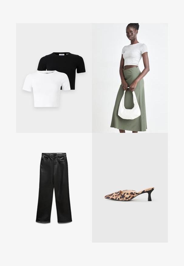 Du trumpos rankovės apkarpytų marškinėlių komplektas juodos ir baltos spalvos, pagaminti iš nubuko audinio, su apvaliu iškirpimu ir prigludusiu dizainu.; Juodos spalvos dirbtinės odos plačiomis kojomis kelnės su priekine kišene, diržo kilpomis ir subtiliu blizgesiu. Lygios tekstūros ir pritaikyto silueto.; Kuočio formos mūlinė avalynė su leopardų raštu ant paviršiaus ir žemais juodais kitten kulnais šviesiame fone.; Pilka juostuota trumpa palaidinė ir alyvuogių žalios spalvos aukšto liemens sijonas. Modelis laiko baltą petį krepšį su išpjovomis. Paprastas dizainas, prigludusi siluetas.