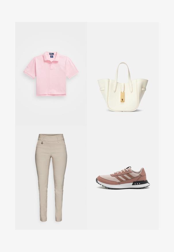Vaaleanpunainen pikeepaita, jossa on klassinen kaulus, lyhyet hihat ja brodeerattu logo rinnassa. Sileä puuvillamateriaali ja lyhyt malli.; Beige slim-fit housut, joissa on korkea vyötärö, etutasku, koristeommeltu ja hopeanväriset yksityiskohdat.; Vaaleanpunaiset urheilukengät, joissa on vaalean beige verkko-osa, ruskeat nahkakoristeet, musta pohja ja kolme raitaa -logo. Pyöreä nenäosa ja nauhakiinnitys.; Valkoinen nahkainen olkalaukku, jossa on rakenteellinen muoto, voimakkaat saumat, kultainen varusteetietokortti ja kaksoiskahvat. Rakennepinnoite, jossa on sivutaskut.