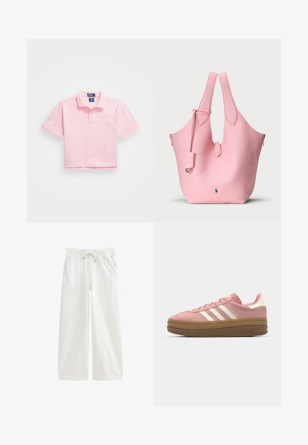 Camisa polo rosa con collar clásico, mangas cortas y logo bordado en el pecho. Material de algodón suave con un diseño cropped.; Pantalones de pierna ancha blancos con cintura elástica y cordón ajustable. Cuenta con dos bolsillos laterales y una textura de tela de algodón suave.; adidas Originals GAZELLE BOLD - Zapatillas - mauve/off white; Bolso tote de cuero rosa con superficie texturizada, que cuenta con dos asas alargadas y una pequeña etiqueta desmontable. Logo colocado en la parte inferior.