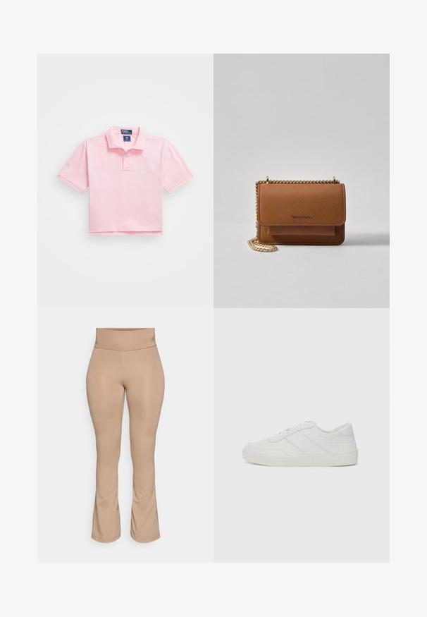 Cămașă polo roz cu guler clasic, mâneci scurte și logo brodat pe piept. Material din bumbac neted, cu un design scurt.; Leggings în culoare nud, cu talie înaltă, tiv evazat, textură netedă și fără modele sau detalii din metal vizibile.; Pantofii sport din piele albă cu șireturi plate, vârful rotunjit și detalii de cusătură subtile. Dispun de o talpă texturată și un logo de marcă embosat pe călcâi.; Geantă crossbody din piele texturată maro, cu curea din lanț aurit și închidere cu clapetă. Partea din față prezintă detalii cu logo și o buzunar sub clapetă.