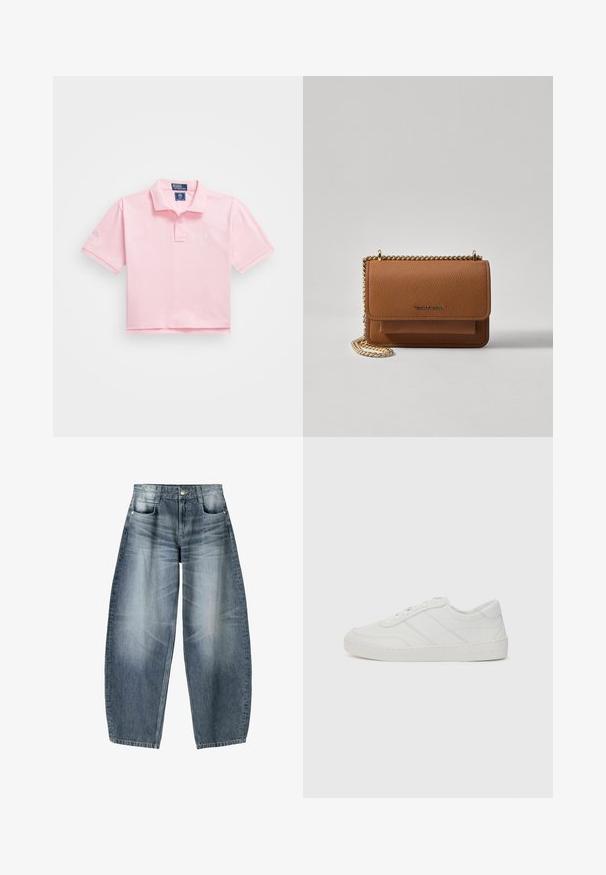 Růžová polo košile s klasickým límcem, krátkým rukávem a vyšitým logem na hrudi. Hladký bavlněný materiál s zkráceným střihem.; Džínsy s širokými nohavicemi vyrobené z světle modrého denimového materiálu s vybledlým vzhledem, s pěti kapsami, zapínáním na knoflík a minimálními stehy.; Bílé kožené tenisky s plochými tkaničkami, zaoblenou špičkou a jemnými detaily šití. Disponují strukturovanou podrážkou a embosovaným logem značky na patě.; Hnědá texturovaná kožená kabelka přes rameno se zlatým řetízkovým popruhem a klopnovým uzavíráním. Přední strana obsahuje detail loga a kapsu pod klopou.