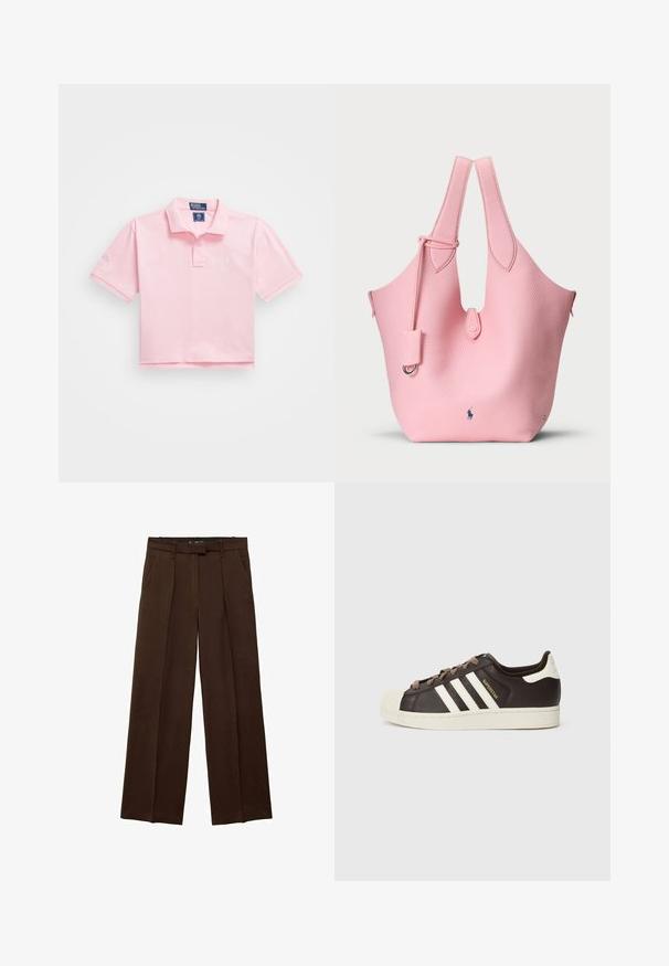 Rosa Polo-Shirt mit klassischem Kragen, kurzen Ärmeln und gesticktem Logo auf der Brust. Glattes Baumwollmaterial mit einem gekürzten Design.; Braune Hose mit weitem Bein und glatter Textur, Frontfalten und Seitentaschen. Flacher Taillenbund mit verdecktem Verschluss.; Low-Top Adidas Superstar Sneaker aus dunkelbraunem Leder mit cremefarbener Schale an der Spitze, weißen Streifen und dem Schriftzug "Superstar" an der Seite.; Rosa Leder-Tote mit strukturierten Oberflächen, ausgestattet mit zwei langen Tragegriffen und einem kleinen abnehmbaren Etikett. Logo befindet sich am unteren Ende.