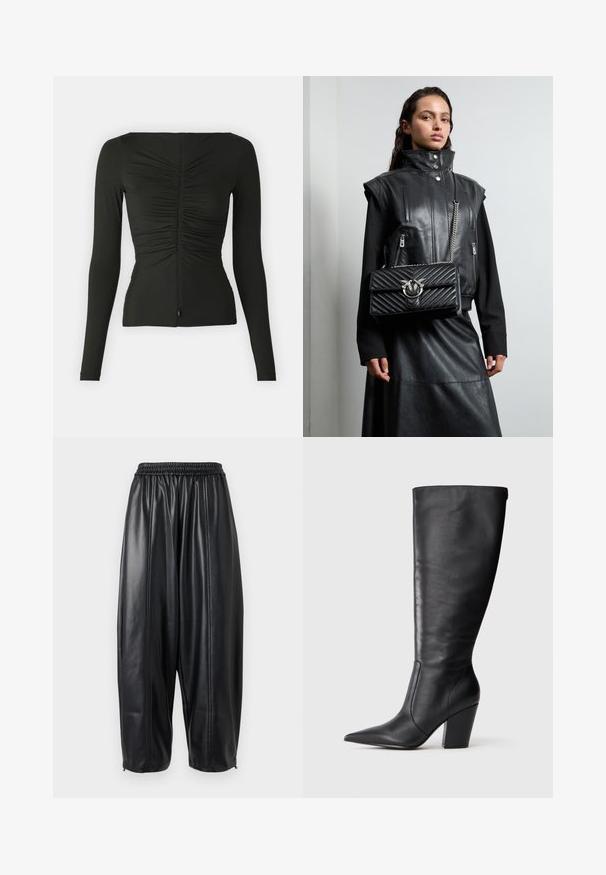 Crna majica dugih rukava od rastezljivog materijala, s prednjim patentnim zatvaračem, nabranom teksturom i prilagođenim siluetom.; Crne kožne hlače s opuštenim krojem, sa elastičnim pojasom i suženim manžetama. Glatka tekstura s ušivenim detaljima.; Crne kožne čizme do koljena s šiljastim vrhom i debelim visokim potplatom, prikazane sa lijeve strane na bijeloj pozadini.; Crna kožna prsluk s visokim ovratnikom, zatvorenim džepovima i crnom kviltanom torbicom s srebrnim detaljima, uparen s dugom crnom suknjom.