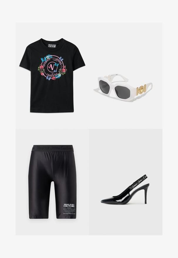 T-shirt preta com uma gráfica colorida de flores e borboletas, com acentos em rosa e azul. 'Versace Jeans Couture' impresso em um design circular.; Calções pretos feitos de um tecido suave, com uma cintura em relevo e texto impresso em branco na perna esquerda.; Salto slingback em pele envernizada preta com design de bico fino, apresentando uma seção recortada e uma correia elástica embutida com o nome da marca.; Óculos de sol brancos em forma octogonal com lentes escuras. Apresentam detalhes em dourado e um design texturizado nas hastes.