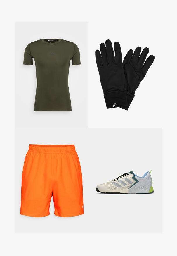 adidas Performance TEE - Αθλητικό μπλουζάκι - night cargo; Πορτοκαλί σορτς με ελαστική μέση, λείο υλικό και λογότυπο στο πλάι. Σχεδιασμένα για άνεση και για αθλητική χρήση.; Ελαφριά αθλητικά παπούτσια με κρεμ δίχτυ επάνω, γκρίζες ρίγες, πράσινη λεπτομέρεια και υφασμάτινη μπλε πίσω στήριξη. Μαύρες κορδόνες.; Μαύρα γάντια από μαλακό, ελαστικό ύφασμα με σφιχτή εφαρμογή. Περιλαμβάνουν μια παχιά μανσέτα και μια μικρή ετικέτα λογότυπου στην περιοχή του καρπού.