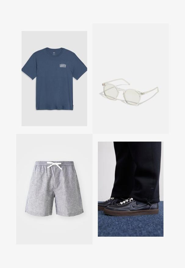 Blauwe katoenen t-shirt met een ronde hals en korte mouwen. Een wit "Levi's" logo is gedrukt op het linker borstgedeelte. Eenvoudig ontwerp.; Grijs gestreepte shorts met een trekkoord in de taille, gemaakt van lichte stof. Beschikt over verticale witte strepen en een losse, comfortabele pasvorm.; Nike Sportswear KILLSHOT 2 LTR PRM OPP2 - Sneakers laag - black sail baroque brown mtlc dk grey; Ronde zonnebrillen met een transparante montuur, lichtgroene lenzen en dunne, transparante pootjes. Bevat subtiele hardware-accenten op het montuur.