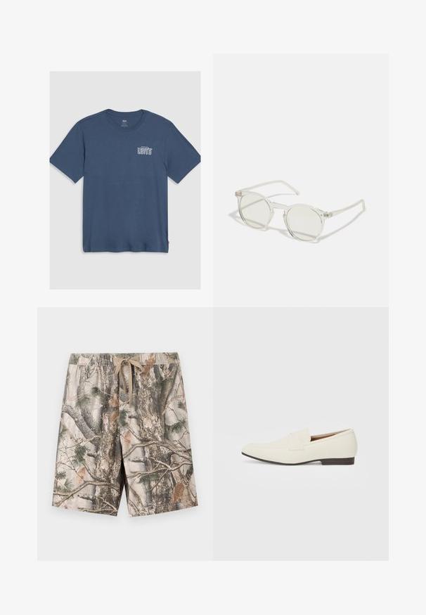 Blå bomullströja med rund hals och korta ärmar. En vit "Levi's"-logotyp är tryckt på vänster bröstområde. Enkel design.; Shorts med camouflagemönster i lätt material; har resårmidja med dragsko; färgerna inkluderar beige, brunt och grönt.; Ljust beige loafer-skor med spetsig tå, slätt material, ett band över framfoten och en låg brun sula. Enkelt design med minimala dekorationer.; Runda solglasögon med en transparent båge, ljusgröna linser och tunna, klara skalmar. Har subtila hårdvarudetaljer på bågen.