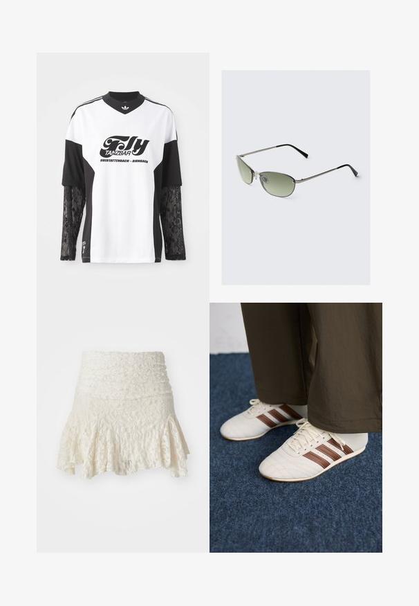 Bijela i crna sportska majica s dugim čipkastim rukavima, s crnim grafičkim otiskom natpisom "Fly Tanzbar" i Adidas logotipom.; Čipkastu suknju u krem boji, koja ima oblikovanu struk i lepršavi rub. Cvećasti reljefni uzorak kroz celu suknju, s višeslojnim dizajnom na dnu.; Bijele tenisice s smeškim prugama nosene s smešnim hlačama na plavom tepihu.; Metalne sunčane naočale s izduženim zelenim staklima, tankim srebrnim okvirom i crnim vrhovima za uši. Imaju male nose pads za udobnost.; Bijela platnena torba s naramenicom, nabranom teksturom, podesivom trakom i srebrnim hardverom. Prikazana uz krem haljinu.