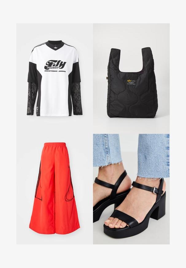 White and black sports shirt with long lace sleeves, featuring a black graphic print reading "Fly Tanzbar" and an Adidas logo.; Red wide-leg trousers feature an elastic waistband, contrasting black side stripes, and two external pockets with curved openings.; ALDO CELIE - High heeled sandals - black; Black quilted tote bag with a large opening, curved shapes on the surface, and a label featuring yellow and white text on the front.; Silver hoop earrings with a twisted design, featuring a polished finish and post-back closure. Measure approximately 3 cm in diameter.