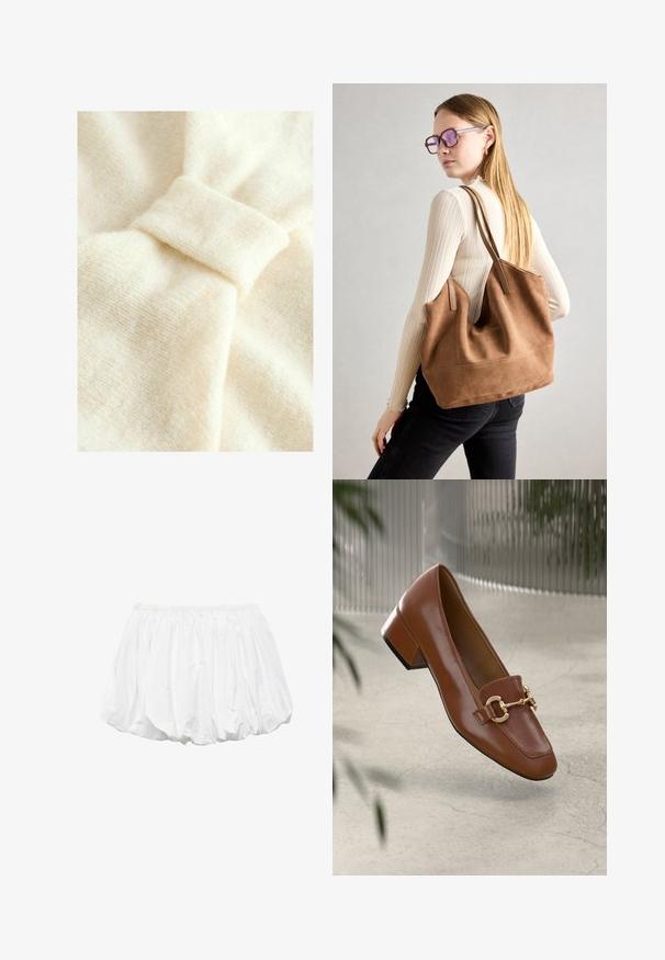 Cremefarbener Stoff mit weicher Textur, der ein auffälliges Knoten-Detail und ein dezentes Webmuster aufweist.; Weiße Baumwollballonshorts mit elastischem Bund und gefaltetem Design, schimmernder Textur und runder Form.; Braune Lackleder-Loafer mit quadratischer Zehenpartie, metallischem Kettenakzent und niedrigem Blockabsatz; glatte Textur, minimalistisches Design.; Braune Wildleder-Tasche mit weicher Textur, großer Öffnung und langen Trägern. Sie verfügt über ein simples Design mit sichtbarem Stich und ohne Beschläge.