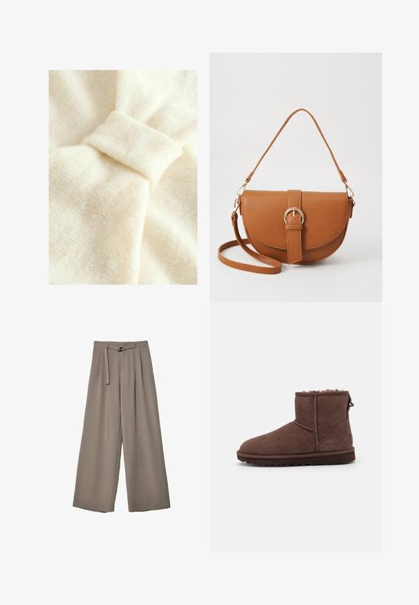 Cream-colored fabric with a soft texture, featuring a prominent knot detail and subtle woven pattern.; Wide-leg trousers in a soft, muted grey fabric, featuring a belted waist and pleats for added design detail. Smooth texture, no patterns.; UGG CLASSIC MINI II - Winter boots - burnt cedar; Brown leather crossbody bag with a curved shape, gold hardware, and a buckle accent. Features a detachable shoulder strap.