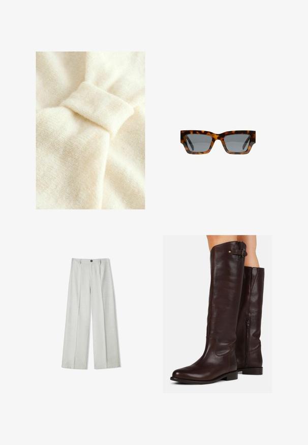 Krémová tkanina s jemnou textúrou, s výrazným uzlovým detailom a jemným tkaným vzorom.; Svetlosivé široké nohavice vyrobené z textúrovaného materiálu, s gombíkovým zapínaním a dvoma záhybmi vpredu pre dodatočný detail.; Hnedé kožené vysoké čižmy po kolená s okrúhlou špičkou, bočným zipsom a malým detailom s prackou na vrchu, s hladkou textúrou.; Slnkové okuliare z korytnačiny so zahnutými rámami, šedými sklami a hladkým povrchom. Obsahujú odvážny geometrický dizajn a hrubé bočné rámy.; Tkaná slamenná taška s uvoľneným tvarom, béžovej farby, V-otvorom a koženou značkou na spodnej strane. Mäkka textúra.