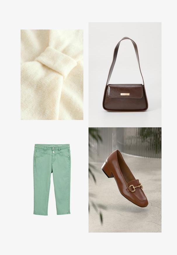 Kermansaväri kangas pehmeällä pinnalla, jossa on korostunut solmukuvio ja hienovarainen kudottu kuvio.; Vaaleanvihreät lyhyet housut, jotka on valmistettu puuvillasta ja joilla on sileä pinta. Ominaisuuksiin kuuluvat etutaskut, nappi- ja vetskari sulku sekä helman korostukset.; Ruskea kiiltävä nahkaloaferi neliönmuotoisella varpaalla, metalliketjuaktsentilla ja matalalla tukijalalla; sileä rakenne, minimalistinen muotoilu.; Ruskea nahkainen olkalaukku, jossa on rakenteellinen muotoilu, ja jossa on magneettinen läppäkiinnitys sekä metallinen logo korostus edessä.