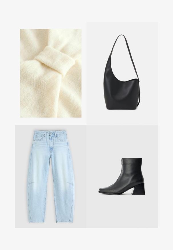 Krēmkrāsas audums ar mīkstu tekstūru, kas izceļas ar izteiktu mezglu detaļu un smalku austā rakstu.; Gaiši zili džinsi ar brīvu piegriezumu, ar augstu jostu, piecu kabatu dizainu un vieglu izbalēšanu ar saplēstā apakšmalā detaļām.; Melna ādas potītes zābaku ar kvadrātveida purngalu, sānu rāvējslēdzēju un bloku papēdi uz vienkārša gaismas fona.; Melnas ādas hobo soma ar gludu tekstūru, izliekta forma un vienu regulējamu jostu; augšā ir plaša atvere.