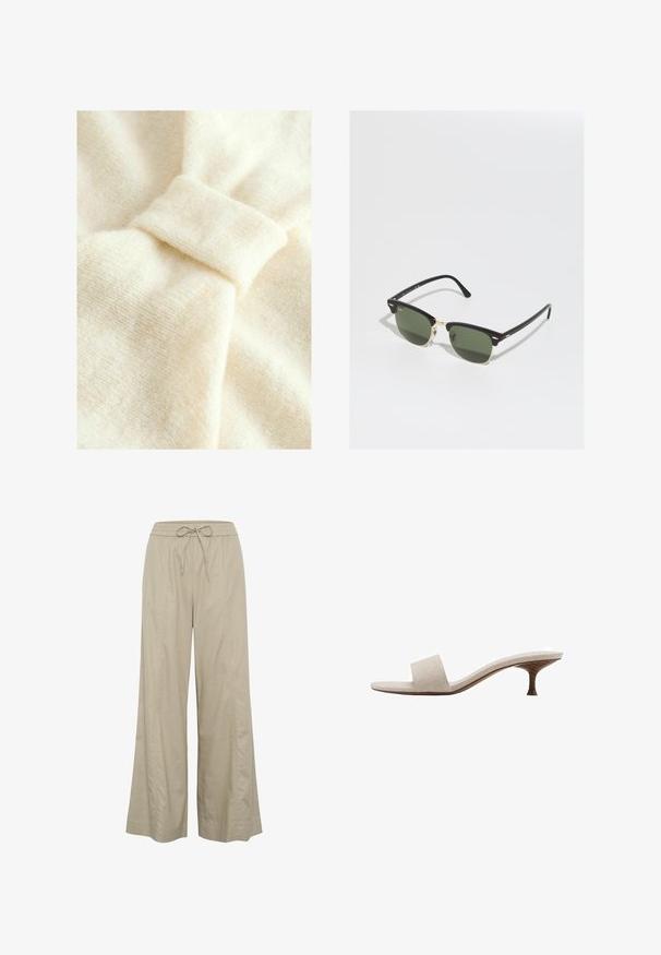 Tessuto color crema con una texture morbida, caratterizzato da un'importante dettaglio a nodo e un sottile motivo intrecciato.; Pantaloni larghi beige realizzati in un tessuto leggero, con una vita elastica regolabile tramite cordino e tasche laterali. Texture liscia, design minimalista.; Sandal senza tacco con tomaia in tessuto intrecciato beige, punta aperta e suola intermedia curva in legno. Il design presenta una superficie liscia e una forma minimalista.; Occhiali da sole neri e oro con lenti verdi, dotati di forma a occhio di gatto, accenti metallici e una montatura testurizzata.; Borsa a tracolla in pelle grigia chiara con forma curvata, hardware dorato, chiusura frontale e dettagli cuciti. Inclusa una tracolla regolabile.